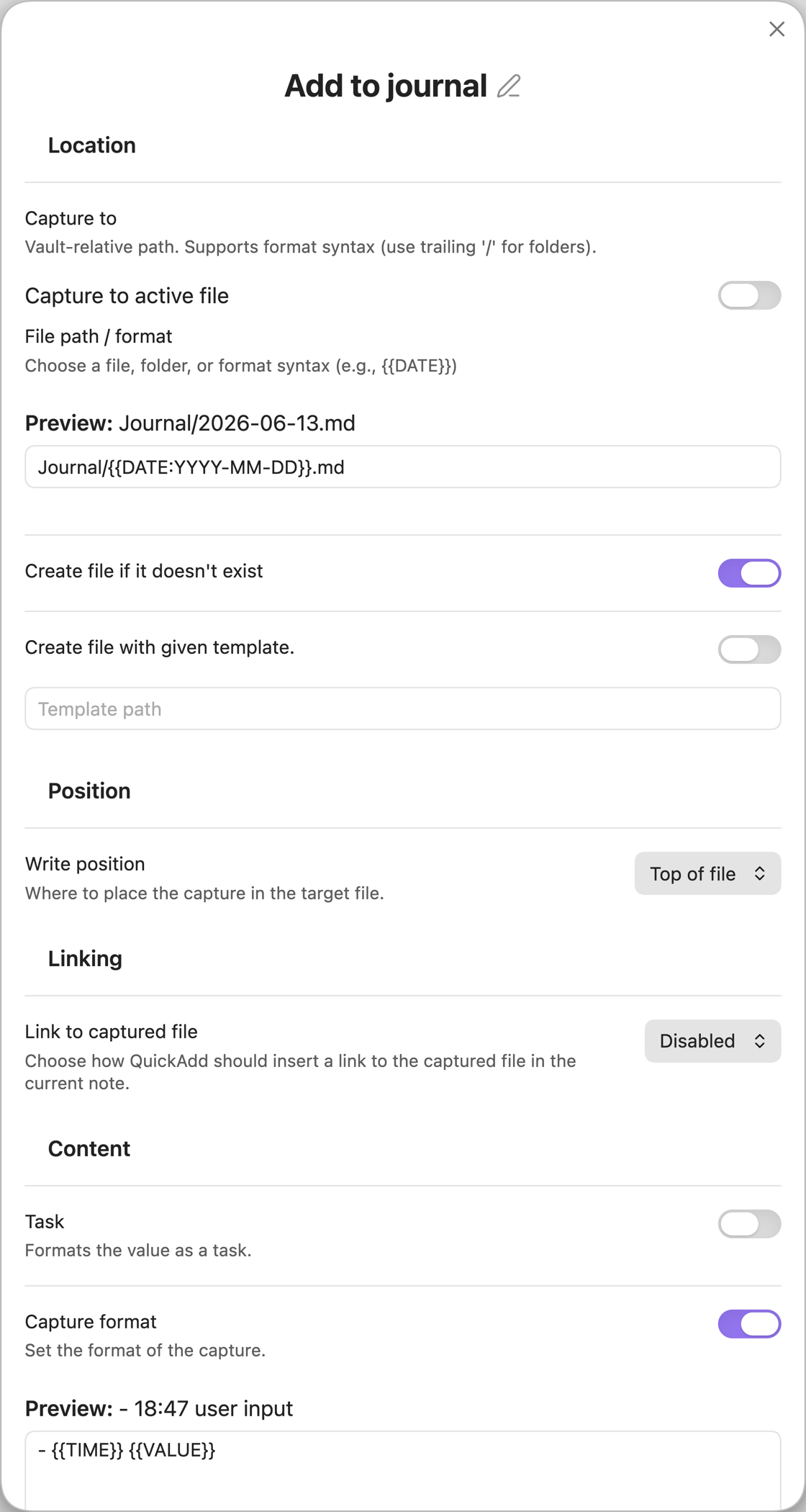 The QuickAdd Capture builder, showing the Location and Position sections